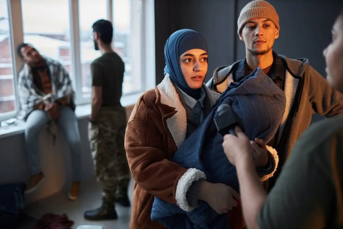 Middle Eastern Refugee Couple Giving Interview in Shelter
